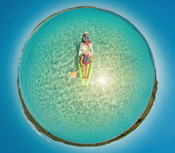 Tiny planet view of people kayaking in Corsica