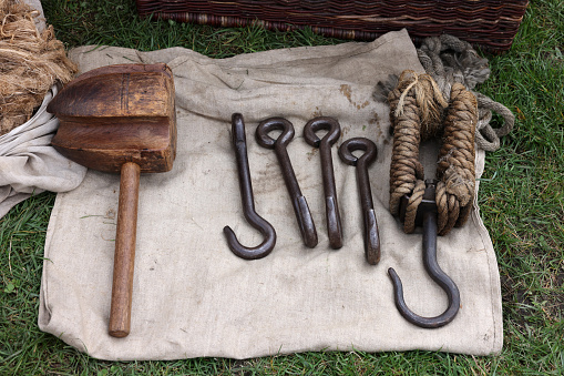 Handmade imitations of medieval tools in knight camp at the festival of historical reconstruction in Cracow. Poland