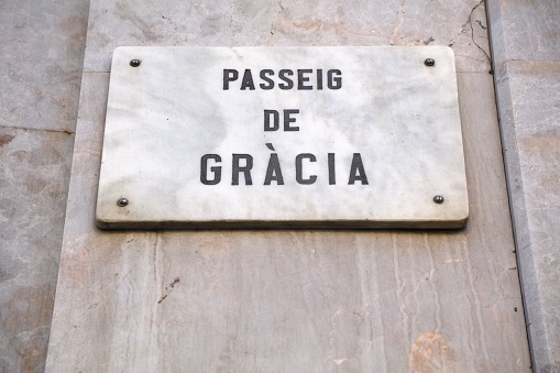 Passeig de Gracia street name sign in Barcelona. Famous streets of Barcelona, Spain.