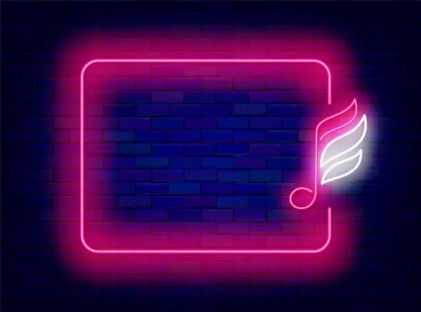 Vector illustration of Music concert neon promotion template. Dance party. Empty pink frame. Music note with wings. Vector illustration