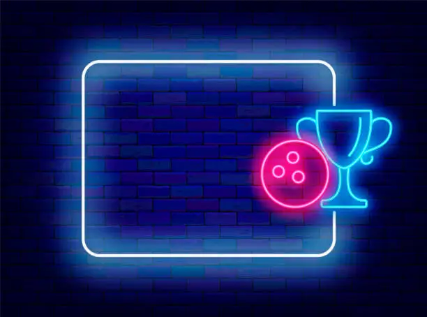 Vector illustration of Bowling club neon advertising. Bowling tournament and empty white frame. Ball and winner cup. Vector stock illustration