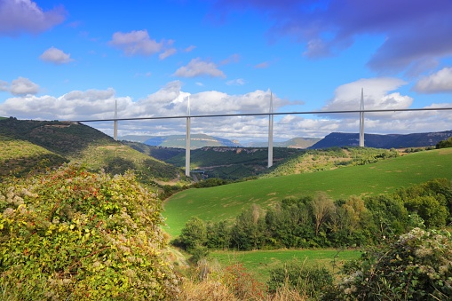 Millau, France: June 4, 2017 - The tallest bridge in the world is the Millau Viaduct cable bridge over the Tarn Valley Gorge  in Souther France along the A75 autoroute between Paris and Montpellier.