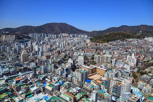 Cityscape of Busan with Seo and Jung district (Seo-gu, Jung-gu), and Daecheong-dong, Buyong-dong and Bupyeong-dong neighborhoods.