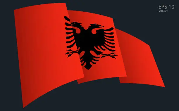 Vector illustration of Waving Vector flag of Albania. National flag waving symbol. Banner design element.