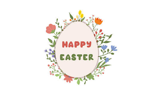 Happy Easter greeting Card, hand-drawing Lettering. Vector Typography Inscription,egg and frame with flower , vector flat illustration isolate on white.