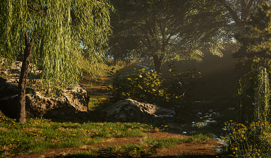 tranquil morning landscape: sunlit path through greenery - 3d illustration
