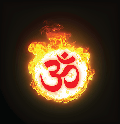 Burning Om sign emerging from a fireball at the creation of the universe, as per Hindu belief. (Not done using AI - created in Photoshop and Illustrator.)