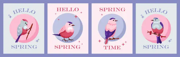 Vector illustration of Hello spring. Greeting card with the beginning of spring on violet background. Cute little bird