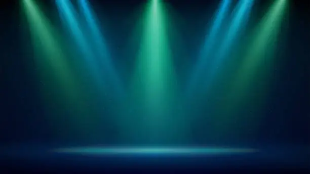 Vector illustration of Blue green spotlight backdrop. Illuminated blue green stage. Background for displaying products. Bright beams of spotlights on dark background, glittering particles, a spot of light. Vector