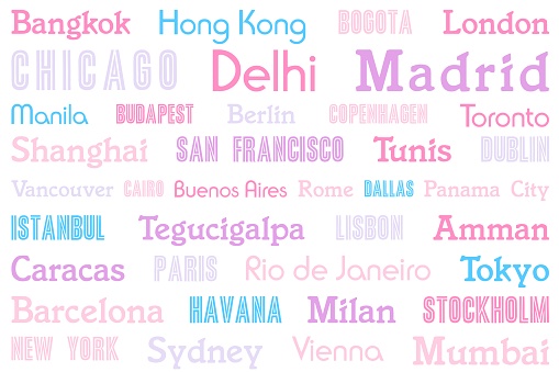World city names design. Travel destination colorful concept for a doormat, tablecloth or bedsheet.