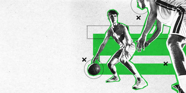 istock Poster. Dynamic movement. Two athlete men, playing basketball in action against background with geometry shapes. Modern aesthetic artwork. Grainy fabric effect. 2039959878
