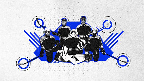 Poster. Modern aesthetic artwork. portrait of youth hockey team, competitive and motivated little boys. Grainy fabric effect. Concept of professional sport, championship, tournament, active games. Ad