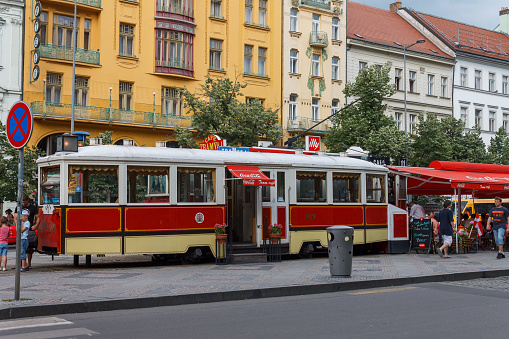 A tram parked in Wenceslas Square, Prague, Czech Republic.
