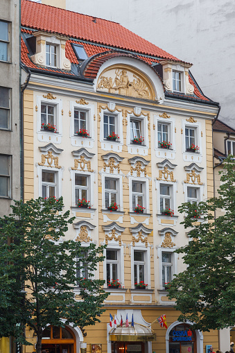 The ornate facade of the elegant Adria Hotel in Prague, Czech Republic