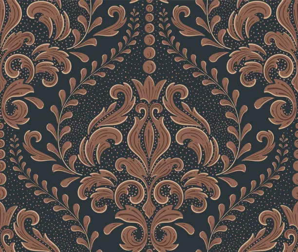 Vector illustration of Damask seamless pattern element. Vector classical luxury old fashioned damask ornament, royal victorian seamless texture for wallpapers, textile, wrapping. Vintage exquisite floral baroque template.