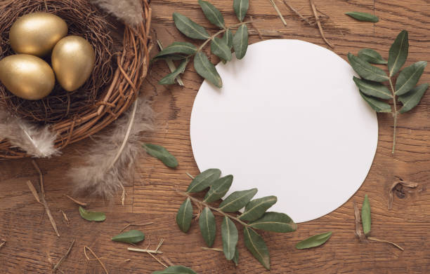 istock Background with golden decorated Easter eggs in nest on black background. Copyspace circle 2039972112