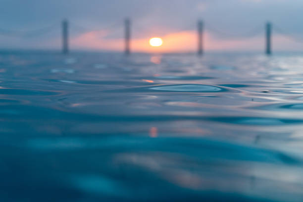 Close-up view of the water at dawn with sunlight.