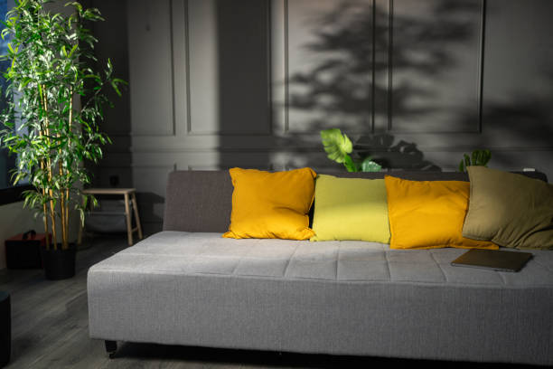 Close-up of new Chinese style furniture sofa set and desktop potted vase ornaments