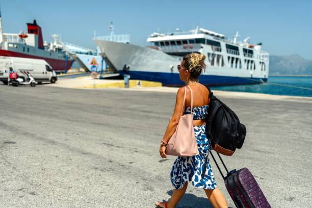 Passenger female disembarking from a Greek ferry