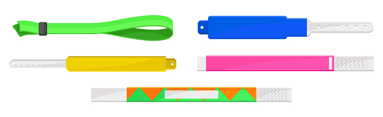 Bracelet and Colorful Wristband as Event Access and Entrance Vector Set. Identification and Security Mark