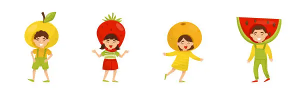 Vector illustration of Funny Children in Fruit Costumes Having Fun Vector Set.