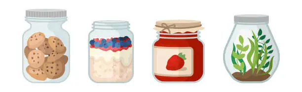 Vector illustration of Glass Jars with Different Objects Inside Vector Set