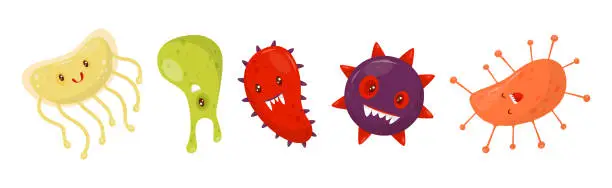 Vector illustration of Cute Toothy Germs and Bacteria or Microbes Vector Set