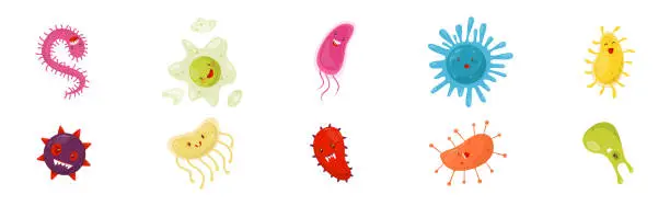 Vector illustration of Cute Toothy Germs and Bacteria or Microbes Vector Set