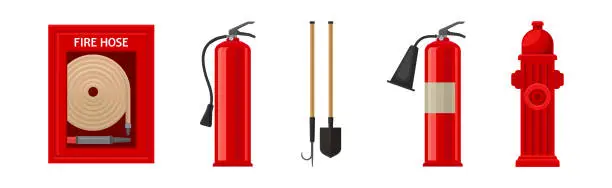 Vector illustration of Firefighting Tools and Equipment for Fire Extinguishing Vector Set