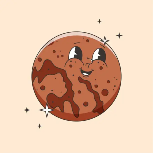 Vector illustration of Vintage planet Mars character in groovy style.