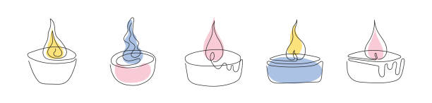 ilustrações, clipart, desenhos animados e ícones de conjunto de velas coloridas à luz do chá com chamas. velas aromáticas acesas. desenho contínuo de uma linha. arte de linha. isolado no fundo branco. elemento de design para impressão, saudação, cartão postal, scrapbooking. - candle tea light candlelight white background