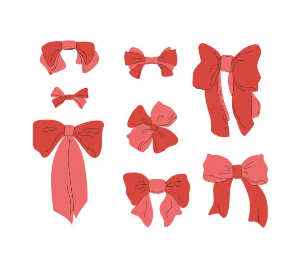 Vector illustration of Set of various bows in red color.