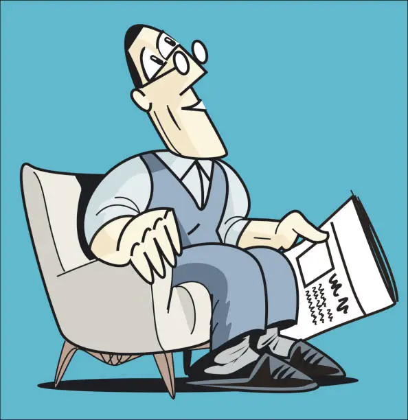 Vector illustration of cute graphic man sitting on the couch with newspaper in hand