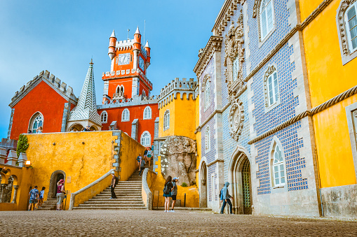 A view of the Pena Palace,  a Romanticist castle characterized by its vibrant colors