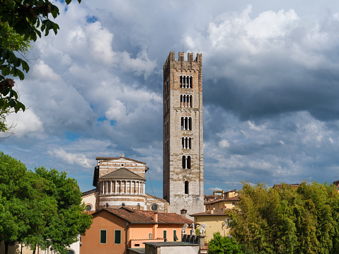 San Frediano (St Fredianus) romanesque church apse with medieval bell tower in Lucca historical center
