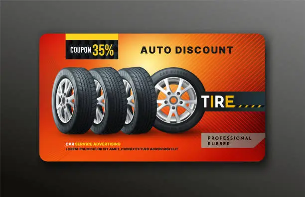 Vector illustration of Car workshop coupon. Automobile repair service discount certificate. Rubber tire. Vehicle spare wheel. Auto maintenance garage voucher. Shop advertising banner. Vector design template