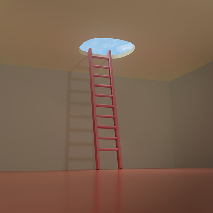 A ladder leading to a hole in the ceiling of a room, from which a blue sky can be seen