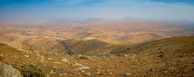 Panorama view on nature and volcanic landscape of Fuerteventura, Canary Islands of Spain. Shot at Mirador de morro velosa.