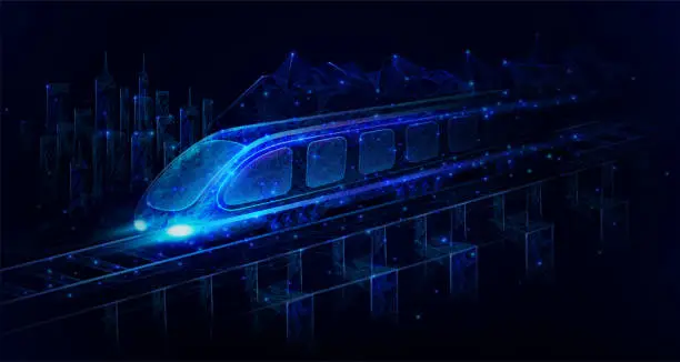 Vector illustration of Digital train motion. Speed railway. Locomotive with carriages on bridge. Technology city transport. High line wireframe. Fast track. Low poly vehicle. Vector exact abstract background