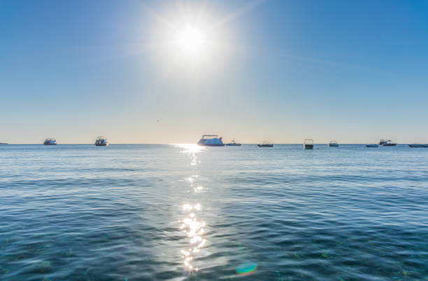 Sunrise over the sea. Panoramic seascape. Burning sky and shining golden waves. Sun over sea