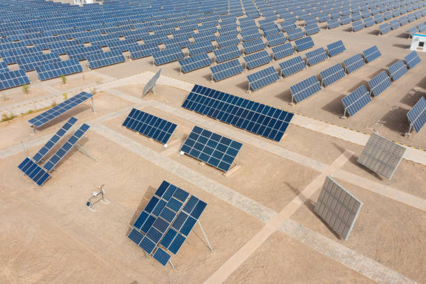 Solar panels on the desert, sustainability, energy, carbon neutrality concept