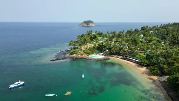 Drone shot above the Club Santana Beach and Resort, in Sao Tome, Africa