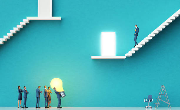 istock Business team presenting innovative idea, project plan. Light bulb as symbol of Thinking out of box. Business environment concept with stairs and opened door. 3D rendering 2040041691