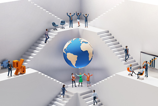 Business people working together around big globe. Abstract environment concept with stairs representing career, growth, success, solution and achievement. 3D rendering