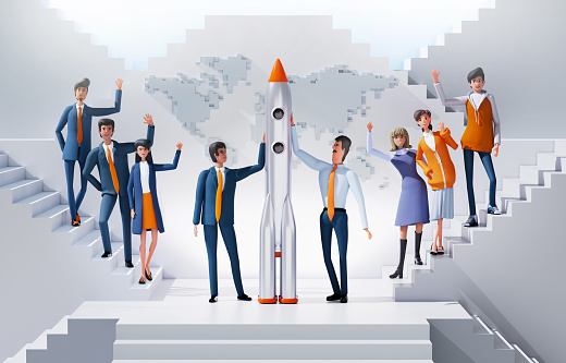 Business people built the rocket. New start up idea 3D rendering illustration in environment with stairs, representing the ladder of success, global business and opportunities