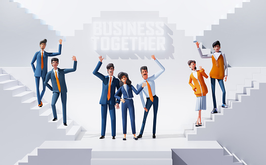 Team of successful business people waving hands to camera in an abstract business environment with many stairs going up and down. 3D rendering