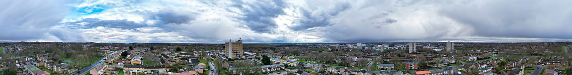 High Angle Ultra Wide Panoramic View of Stevenage City of England Great Britain. Feb 23rd, 2023