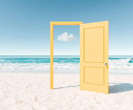 3D rendering of an open yellow door on a sandy beach leading to a turquoise ocean. Concept of summer and tropical holidays