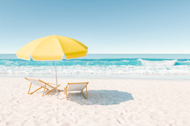 istock Sunny Beach Scene with Yellow Umbrella and Lounge Chairs 2040053161