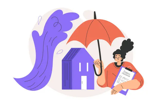 Vector illustration of Property Insurance with Happy Woman Character and House Under Umbrella Vector Illustration